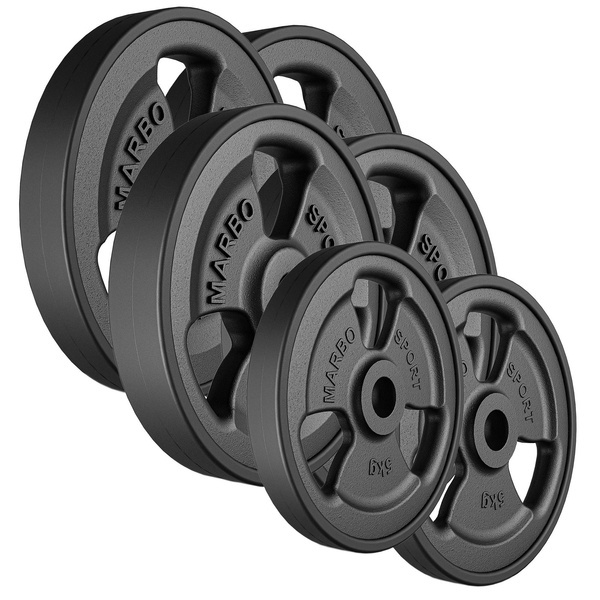 Ensemble de poids en fonte caoutchoutés Tri-grip ø30 / 31 mm | 60 kg / 2 x 15 kg + 2 x 10 kg + 2 x 5 kg - Marbo Sport