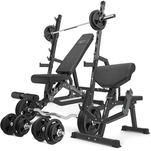 Set MS6_2.0_113KG | banc double face + supports avec baudrier et écartement réglable + Banc Scott avec support réglable + kit de barres d'haltères renforcées et de disques pour la musculation de 113 kg - Marbo Sport