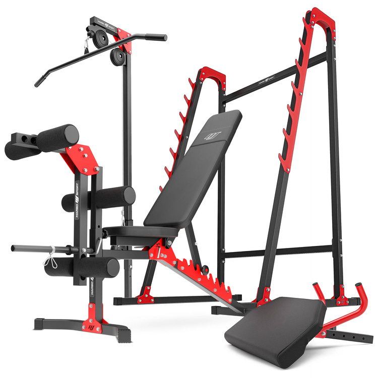 Ensemble MH26 | Banc de musculation + supports pour barres + banc à biceps + extension de jambes + poulie pour traction - Marbo Sport