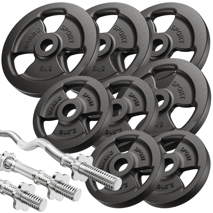 Set MS39_2.0_42KG | banc double face + banc à biceps + presse à jambes + kit de barres d'haltères renforcées et de disques pour la musculation de 42 kg - Marbo Sport