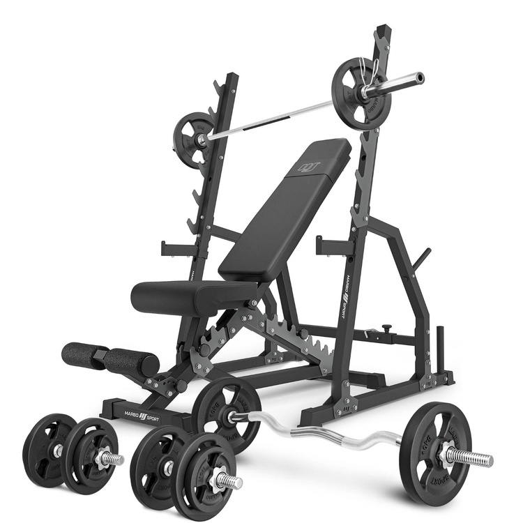 Set MS3_2.0_83KG | banc double face + supports de gymnastique avec baudrier et écartement réglable + kit de barres d'haltères renforcées et de disques pour la musculation de 83 kg - Marbo Sport