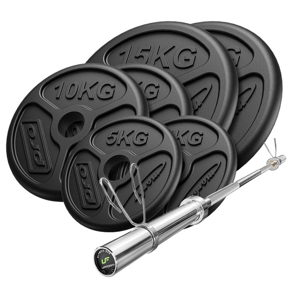 Set 75 kg | Barre d'haltère olympique 180 cm + poids en fonte olympiques 2x5kg, 2x10kg, 2x15kg - Marbo Sport