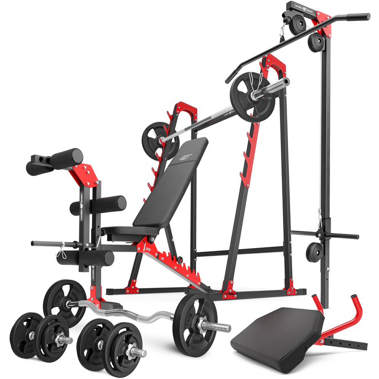 Ensemble MH26_147KG_KIER | Banc de musculation + supports pour barres + banc à biceps + extension de jambes + poulie pour traction + kit de barres d'haltères renforcées et de disques pour la musculation de 83 kg