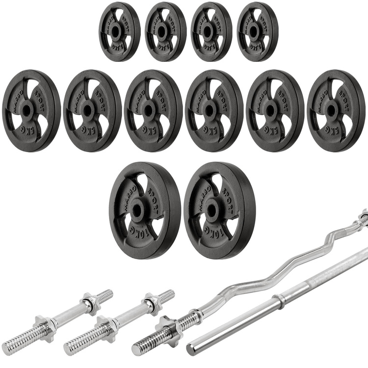 Set MS36_2.0_83KG | banc double face + supports avec baudrier et écartement réglable + banc à biceps + presse à jambes + kit de barres d'haltères renforcées et de disques pour la musculation de 83 kg - Marbo Sport