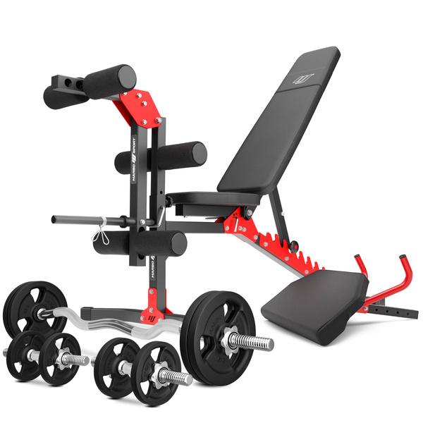 Ensemble MH1_68KG_KIER | Banc de musculation MH-L115 + banc à biceps MH-A101 + banc de musculation MH-A102 + kit de barres d'haltères renforcées et de disques pour la musculation de 42 kg - Marbo Sport