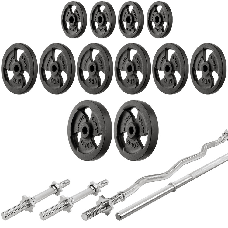 Ensemble MH19_111KG_KIER | Banc de musculation MH-L115 + Support pour barres MH-S201 + kit de barres d'haltères renforcées et de disques pour la musculation de 83 kg - Marbo Sport