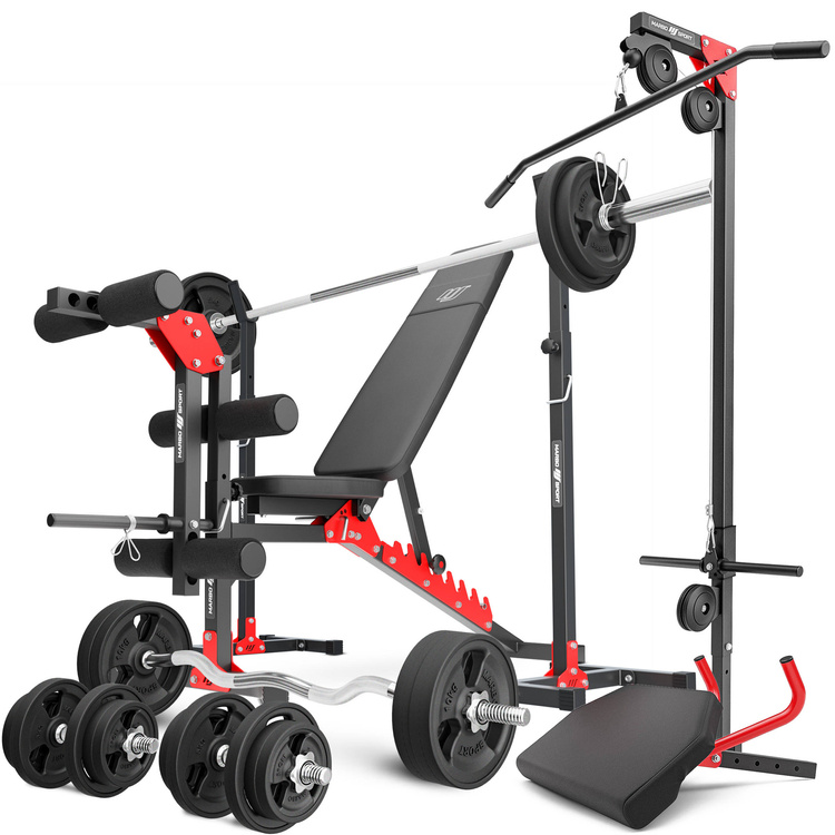 Ensemble MH25_162KG_KIER_G | Banc de musculation + supports pour barres + banc à biceps + extension de jambes + poulie pour traction + kit de barres d'haltères renforcées et de disques caoutchoutés pour la musculation de 113 kg - Marbo Sport