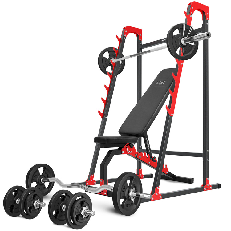 Ensemble MH8_125KG_KIER | Banc de musculation MH-L114 + supports pour barres MH-S204 + kit de barres d'haltères renforcées et de disques pour la musculation de 83 kg - Marbo Sport