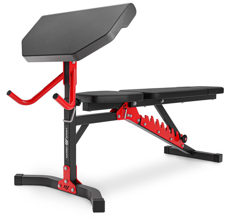 Ensemble MH26_177KG_KIER | Banc de musculation + supports pour barres + banc à biceps + extension de jambes + poulie pour traction + kit de barres d'haltères renforcées et de disques pour la musculation de 113 kg - Marbo Sport