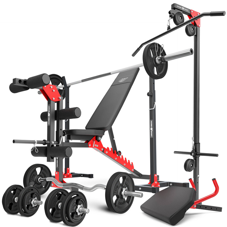 Ensemble MH25_132KG_KIER_G | Banc de musculation + supports pour barres + banc à biceps + extension de jambes + poulie pour traction + kit de barres d'haltères renforcées et de disques caoutchoutés pour la musculation de 83 kg - Marbo Sport