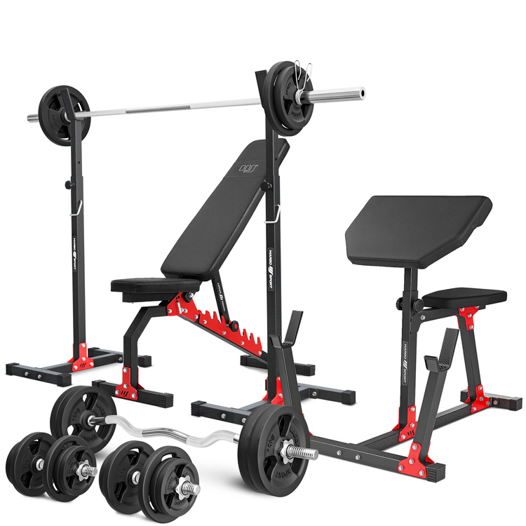 Ensemble MH9_151KG_KIER | Banc de musculation MH-L114 + supports pour barres MH-S201 + banc à biceps MH-L105 + kit de barres d'haltères renforcées et de disques pour la musculation de 113 kg - Marbo Sport