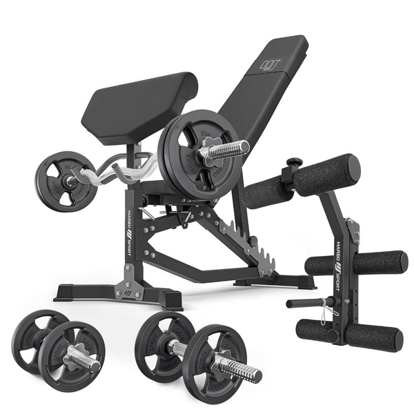 Set MS39_2.0_42KG | banc double face + banc à biceps + presse à jambes + kit de barres d'haltères renforcées et de disques pour la musculation de 42 kg - Marbo Sport