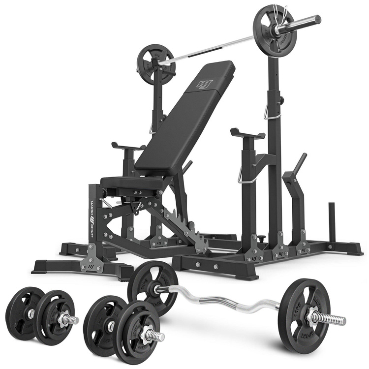 Set MS11_2.0_83KG | banc d'entraînement double face réglable face + supports réglables + kit de barres d'haltères renforcées et de disques pour la musculation de 83 kg - Marbo Sport