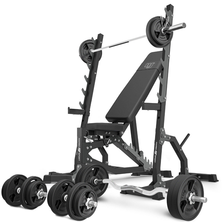 Set MS8_2.0_113KG_G | Banc d'entraînement double face réglable + supports multi-niveaux (2 pièces) + kit de barres d'haltères renforcées et de disques caoutchoutés pour la musculation de 113 kg - Marbo Sport