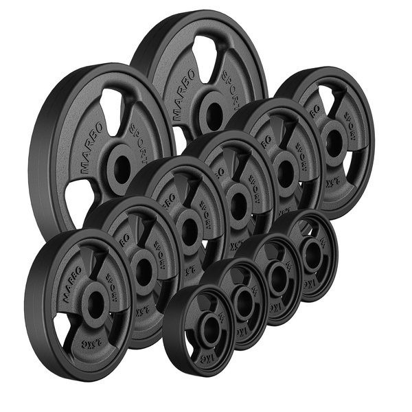 Ensemble de poids en fonte caoutchoutés Tri-grip ø30 / 31 mm | 29 kg / 2 x 5 kg + 6 x 2,5 kg + 4 x 1 kg - Marbo Sport