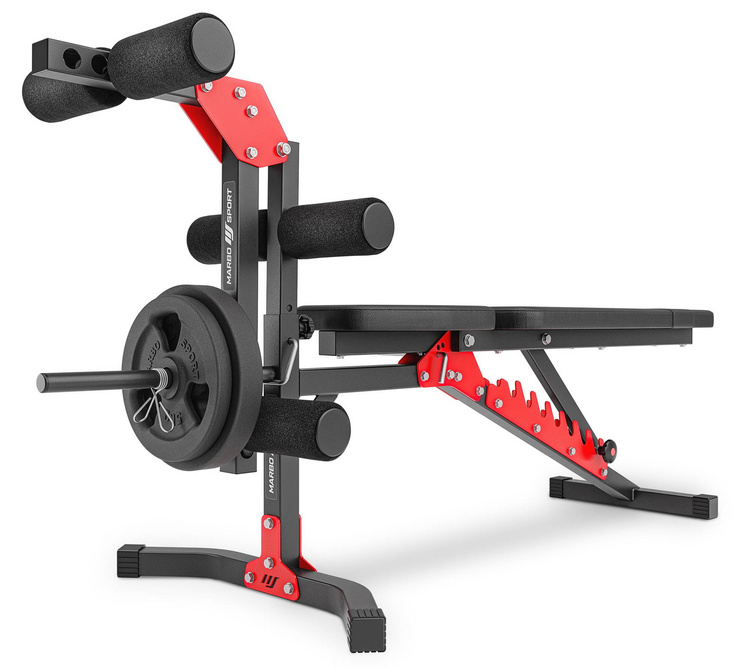 Ensemble MH26_177KG_KIER | Banc de musculation + supports pour barres + banc à biceps + extension de jambes + poulie pour traction + kit de barres d'haltères renforcées et de disques pour la musculation de 113 kg - Marbo Sport