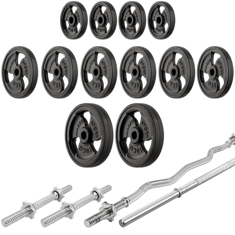 Set MS41_2.0_83KG_G | Banc réglable avec supports et inclinaison négative + banc à biceps + presse à jambes + kit de barres d'haltères renforcées et de disques caoutchoutés pour la musculation de 83 kg - Marbo Sport