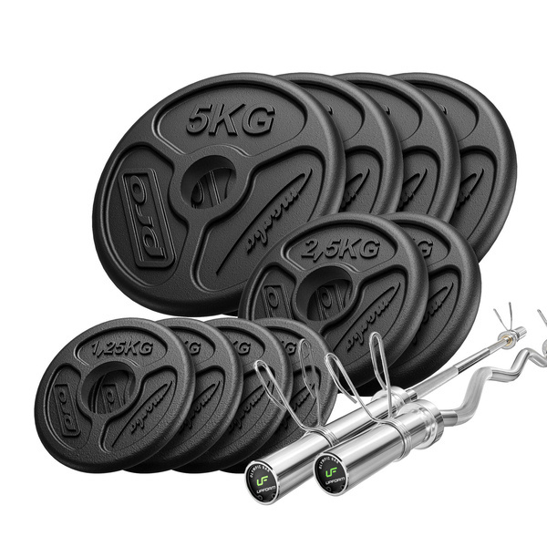 Set 55 kg | Barre d'haltère olympique 180 cm + barre d'haltère incurvée 120 cm + poids en fonte olympiques 2x5kg, 6x2,5kg, 4x1,25kg - Marbo Sport
