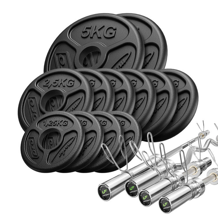 Set 65 kg | Barre d'haltère olympique 180 cm + barre d'haltère incurvée 120 cm + 2x barre d'haltère 50 cm + poids en fonte olympiques 2x5kg, 6x2,5kg, 4x1,25kg - Marbo Sport