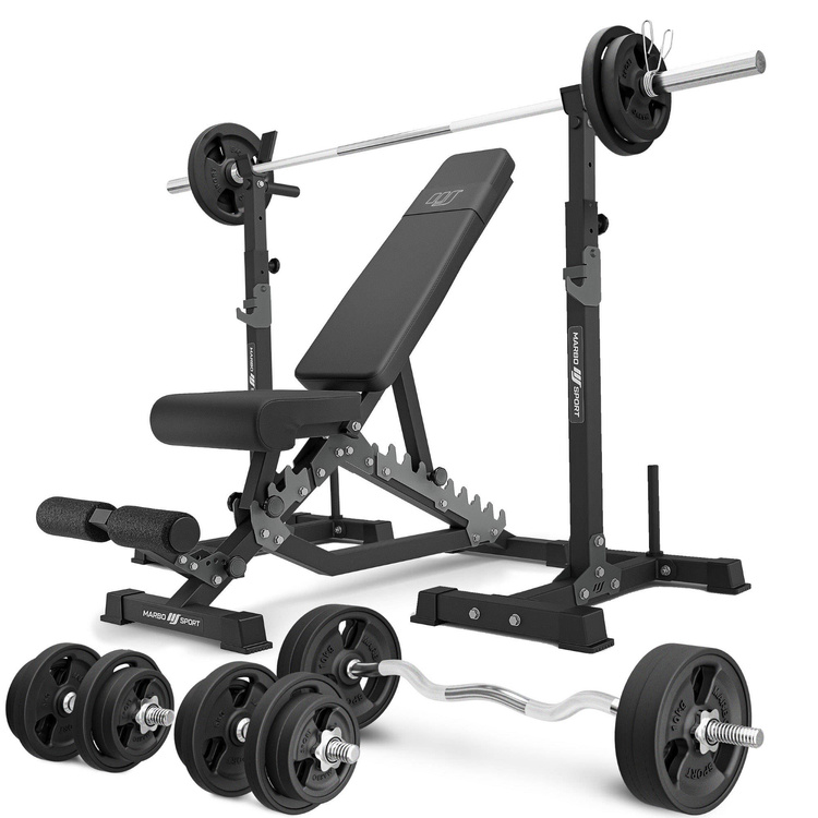 Set MS34_2.0_113KG_G | banc double face + supports d'haltères multi-niveaux (2 pièces) avec assistance + kit de barres d'haltères renforcées et de disques caoutchoutés pour la musculation de 113 kg - Marbo Sport