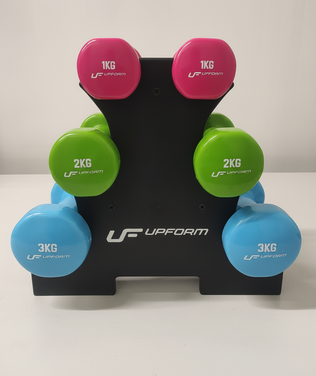 Set d’haltères fitness en vinyle 12 kg avec support – UpForm