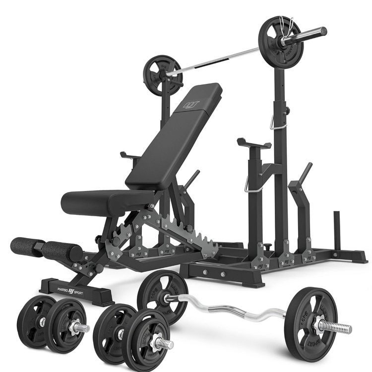 Set MS2_2.0_83KG_G | banc double face + supports réglables + Kit de barres d'haltères renforcées et de disques caoutchoutés pour la musculation de 83 kg - Marbo Sport