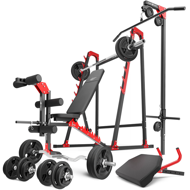 Ensemble MH26_177KG_KIER | Banc de musculation + supports pour barres + banc à biceps + extension de jambes + poulie pour traction + kit de barres d'haltères renforcées et de disques pour la musculation de 113 kg - Marbo Sport