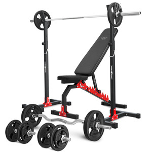 Ensemble MH7_110KG_KIER | Banc de musculation MH-L114 + supports pour barres MH-S201 + kit de barres d'haltères renforcées et de disques pour la musculation de 83 kg - Marbo Sport