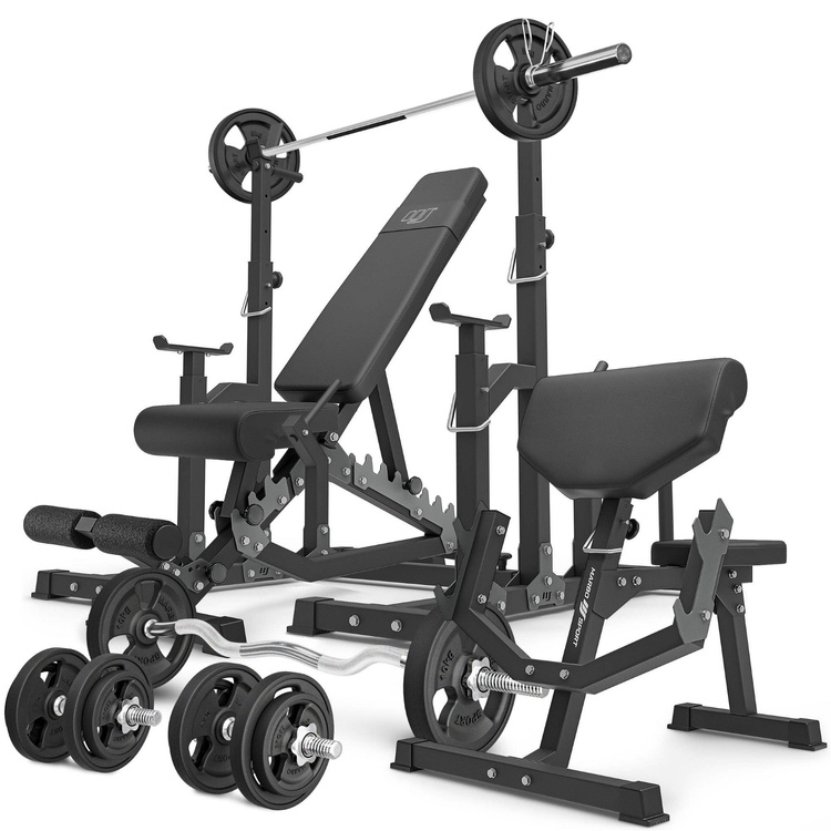 Set MS5_2.0_83KG_G | banc double face + supports réglables + Banc Scott avec support réglable + Kit de barres d'haltères renforcées et de disques caoutchoutés pour la musculation de 83 kg - Marbo Sport