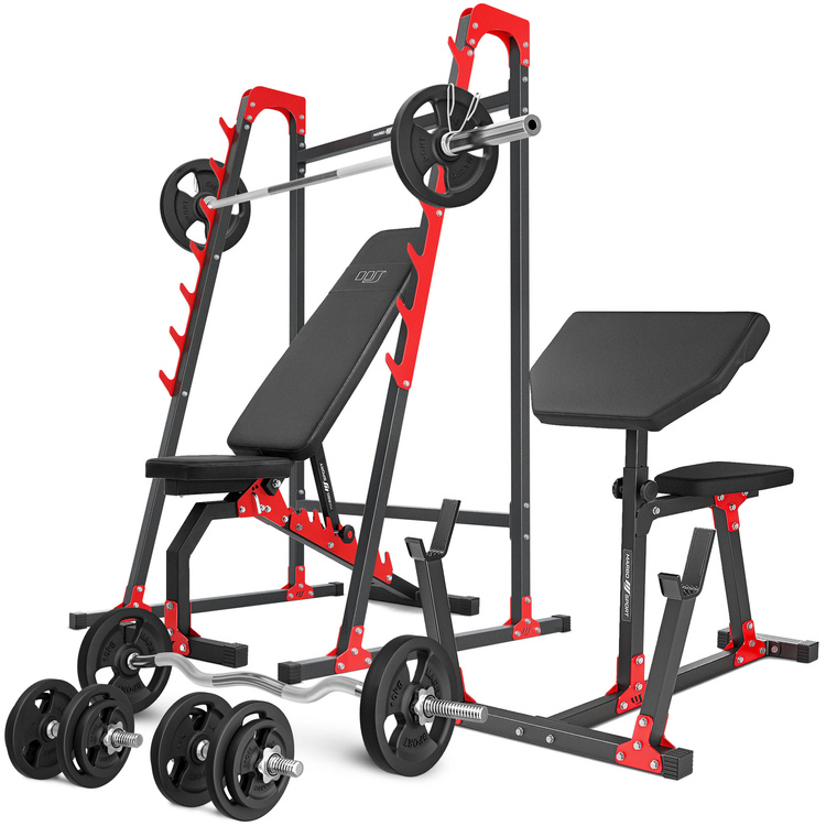 Ensemble MH10_136KG_KIER | Banc de musculation MH-L114 + supports multiniveaux MH-S204 + banc à biceps MH-L105 + kit de barres d'haltères renforcées et de disques pour la musculation de 83 kg - Marbo Sport