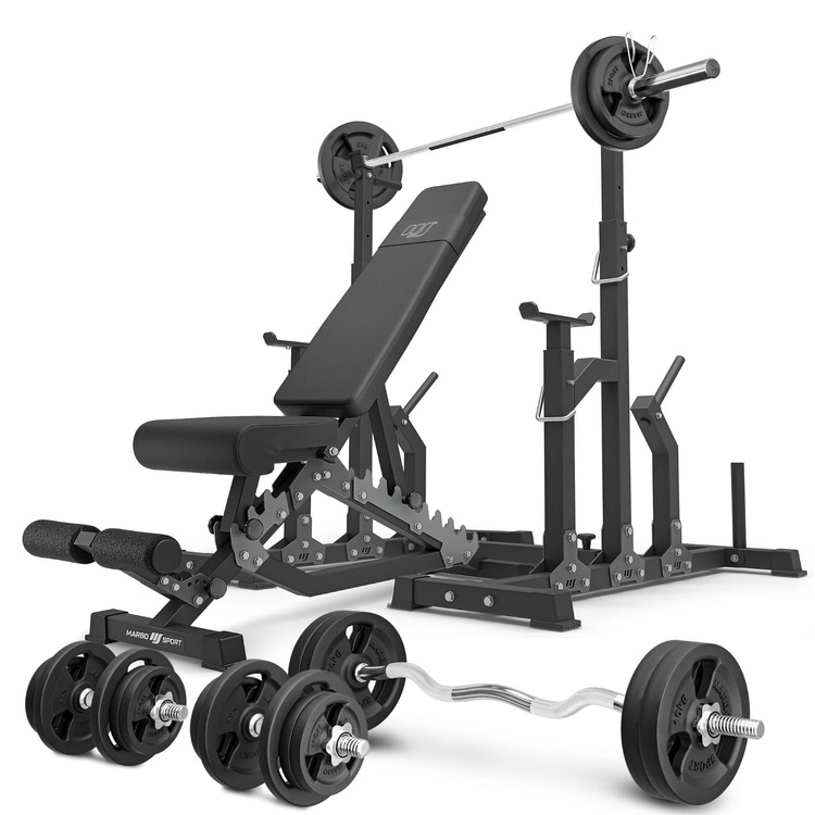 Set MS2_2.0_113KG | banc double face + supports réglables + Kit de barres d'haltères renforcées et de disques pour la musculation de 113 kg - Marbo Sport