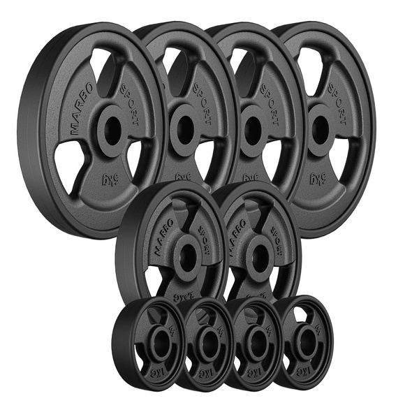 Ensemble de poids en fonte caoutchoutés Tri-grip ø30 / 31 mm | 29 kg /4 x 5 kg + 2 x 2,5 kg + 4 x 1 kg - Marbo Sport