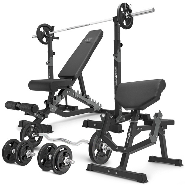 Set MS33_2.0_83KG | banc double face + supports d'haltères multi-niveaux + Banc Scott avec support réglable + kit de barres d'haltères renforcées et de disques pour la musculation de 83 kg - Marbo Sport