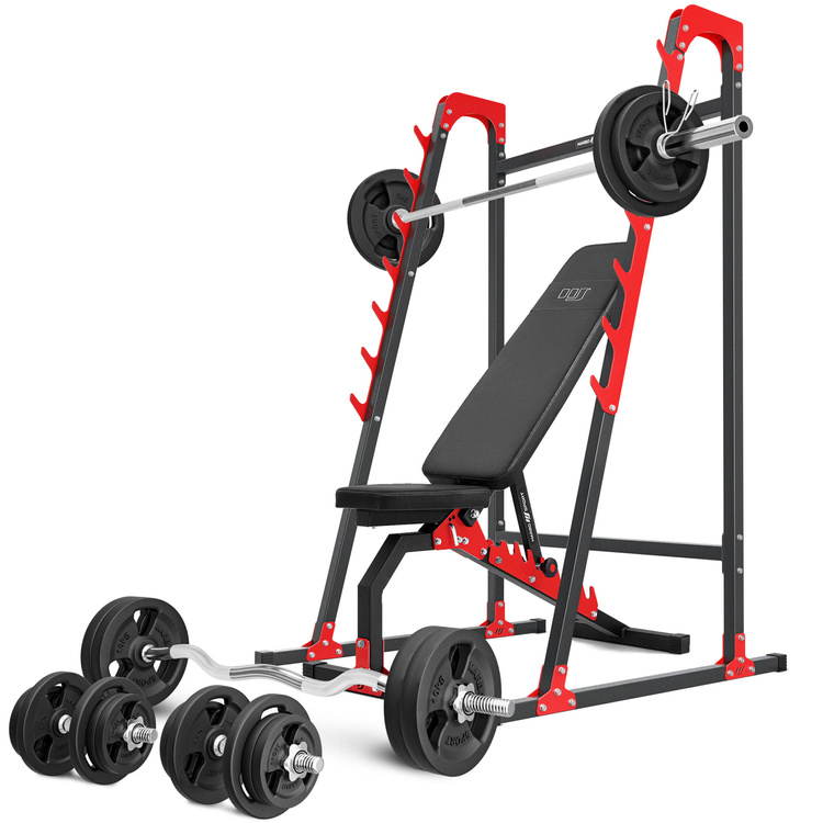 Ensemble MH8_155KG_KIER | Banc de musculation MH-L114 + supports pour barres MH-S204 + kit de barres d'haltères renforcées et de disques pour la musculation de 113 kg - Marbo Sport
