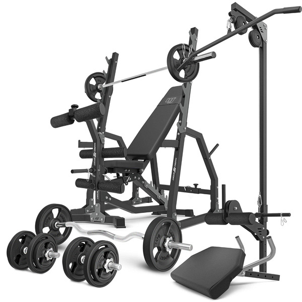 Set MS36_2.0_83KG_G | banc double face + supports avec baudrier et écartement réglable + banc à biceps + presse à jambes + kit de barres d'haltères renforcées et de disques caoutchoutés pour la musculation de 83 kg - Marbo Sport