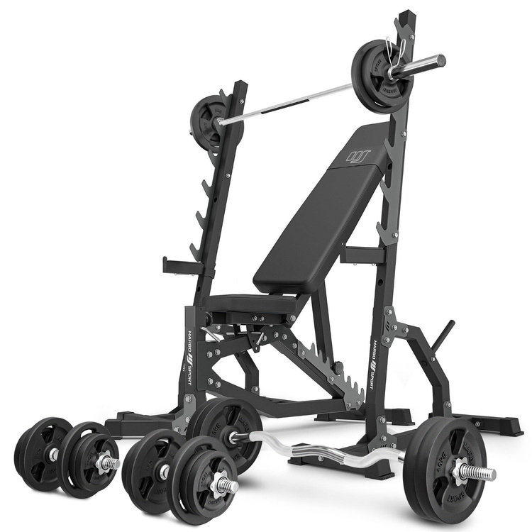 Set MS8_2.0_113KG | Banc d'entraînement double face réglable + supports multi-niveaux (2 pièces) + kit de barres d'haltères renforcées et de disques pour la musculation de 113 kg - Marbo Sport