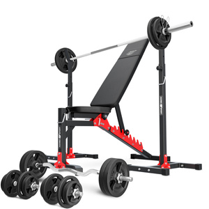 Ensemble MH19_141KG_KIER | Banc de musculation MH-L115 + Support pour barres MH-S201 + kit de barres d'haltères renforcées et de disques pour la musculation de 113 kg - Marbo Sport