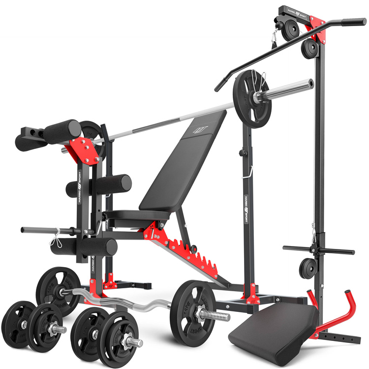 Ensemble MH25_132KG_KIER | Banc de musculation + supports pour barres + banc à biceps + extension de jambes + poulie pour traction + kit de barres d'haltères renforcées et de disques pour la musculation de 83 kg - Marbo Sport