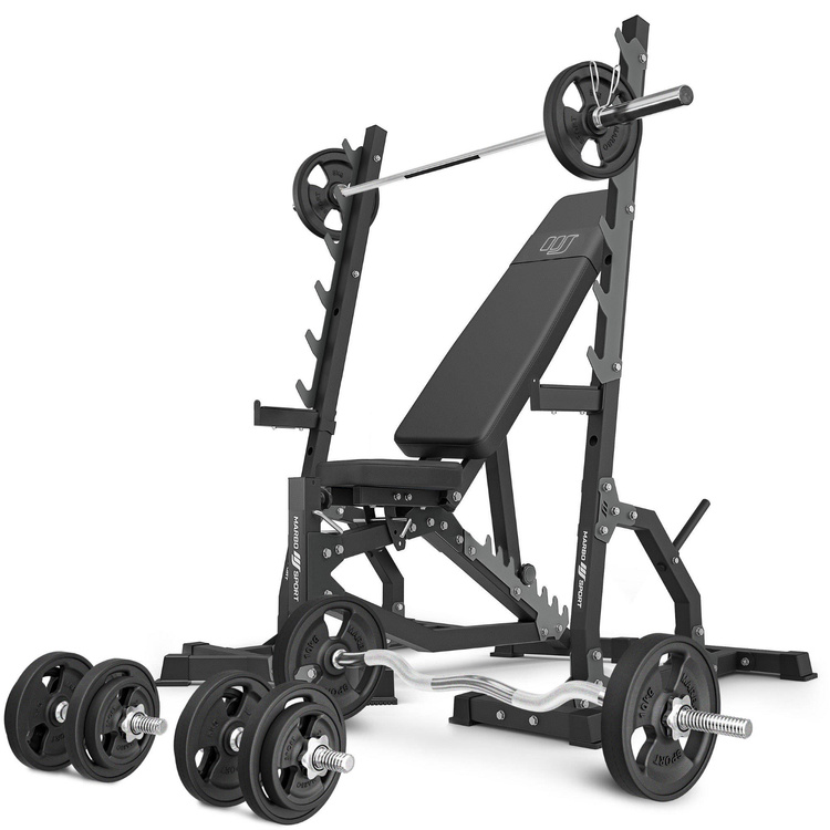 Set MS8_2.0_83KG_G | Banc d'entraînement double face réglable + supports multi-niveaux (2 pièces) + kit de barres d'haltères renforcées et de disques caoutchoutés pour la musculation de 83 kg - Marbo Sport