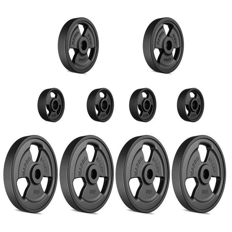 Ensemble de poids en fonte caoutchoutés Tri-grip ø30 / 31 mm | 29 kg /4 x 5 kg + 2 x 2,5 kg + 4 x 1 kg - Marbo Sport