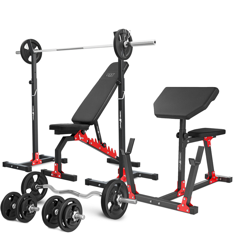 Ensemble MH9_121KG_KIER | Banc de musculation MH-L114 + supports pour barres MH-S201 + banc à biceps MH-L105 + kit de barres d'haltères renforcées et de disques pour la musculation de 83 kg - Marbo Sport