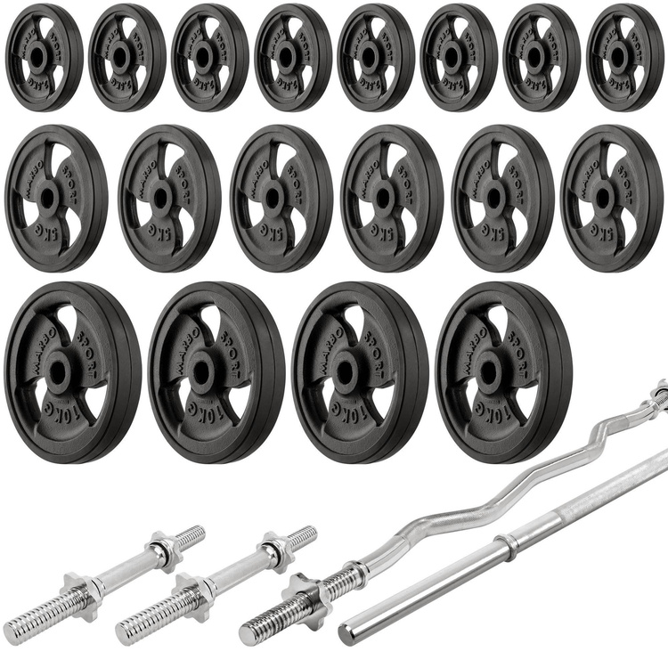 Set MS3_2.0_113KG_G | banc double face + supports de gymnastique avec baudrier et écartement réglable + kit de barres d'haltères renforcées et de disques caoutchoutés pour la musculation de 113 kg - Marbo Sport