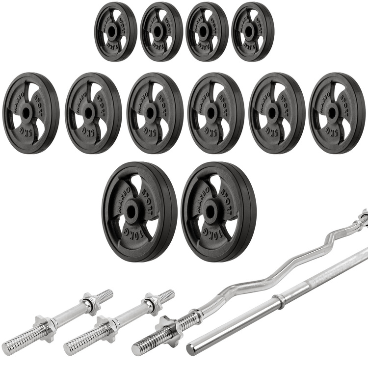 Ensemble MH7_110KG_KIER_G | Banc de musculation MH-L114 + supports pour barres MH-S201 + kit de barres d'haltères renforcées et de disques caoutchoutés pour la musculation de 83 kg - Marbo Sport