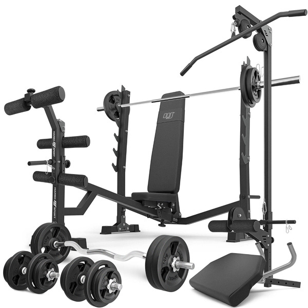 Set MS41_2.0_113KG | Banc réglable avec supports et inclinaison négative + banc à biceps + presse à jambes + kit de barres d'haltères renforcées et de disques pour la musculation de 113 kg - Marbo Sport