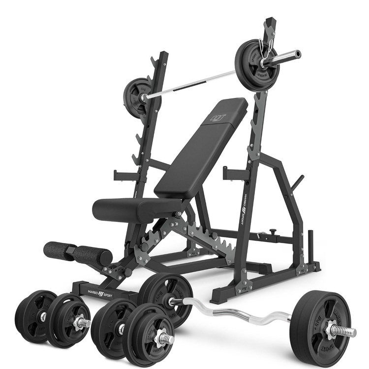 Set MS3_2.0_113KG_G | banc double face + supports de gymnastique avec baudrier et écartement réglable + kit de barres d'haltères renforcées et de disques caoutchoutés pour la musculation de 113 kg - Marbo Sport