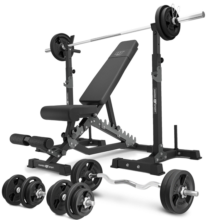Set MS34_2.0_113KG | banc double face + supports d'haltères multi-niveaux (2 pièces) avec assistance + kit de barres d'haltères renforcées et de disques pour la musculation de 113 kg - Marbo Sport