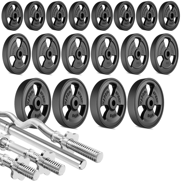 Ensemble MH26_177KG_KIER | Banc de musculation + supports pour barres + banc à biceps + extension de jambes + poulie pour traction + kit de barres d'haltères renforcées et de disques pour la musculation de 113 kg - Marbo Sport