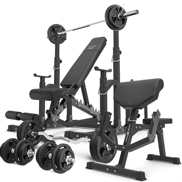 Set MS5_2.0_113KG | banc double face + supports réglables + Banc Scott avec support réglable + kit de barres d'haltères renforcées et de disques pour la musculation de 113 kg - Marbo Sport
