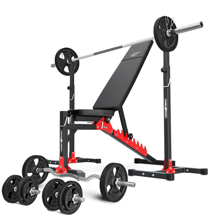 Ensemble MH19_111KG_KIER_G | Banc de musculation MH-L115 + Support pour barres MH-S201 + kit de barres d'haltères renforcées et de disques caoutchoutés pour la musculation de 83 kg - Marbo Sport
