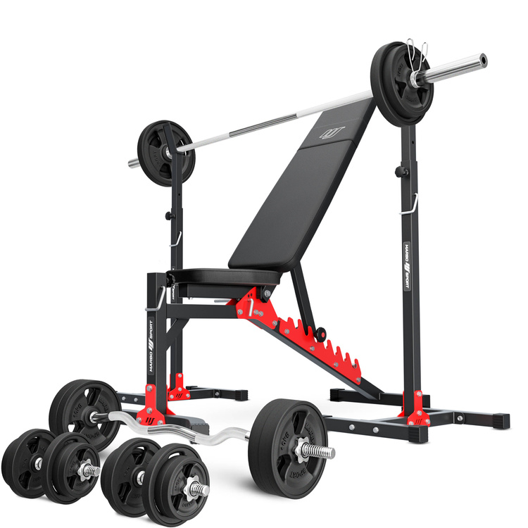Ensemble MH19_141KG_KIER_G | Banc de musculation MH-L115 + Support pour barres MH-S201 + kit de barres d'haltères renforcées et de disques caoutchoutés pour la musculation de 113 kg - Marbo Sport